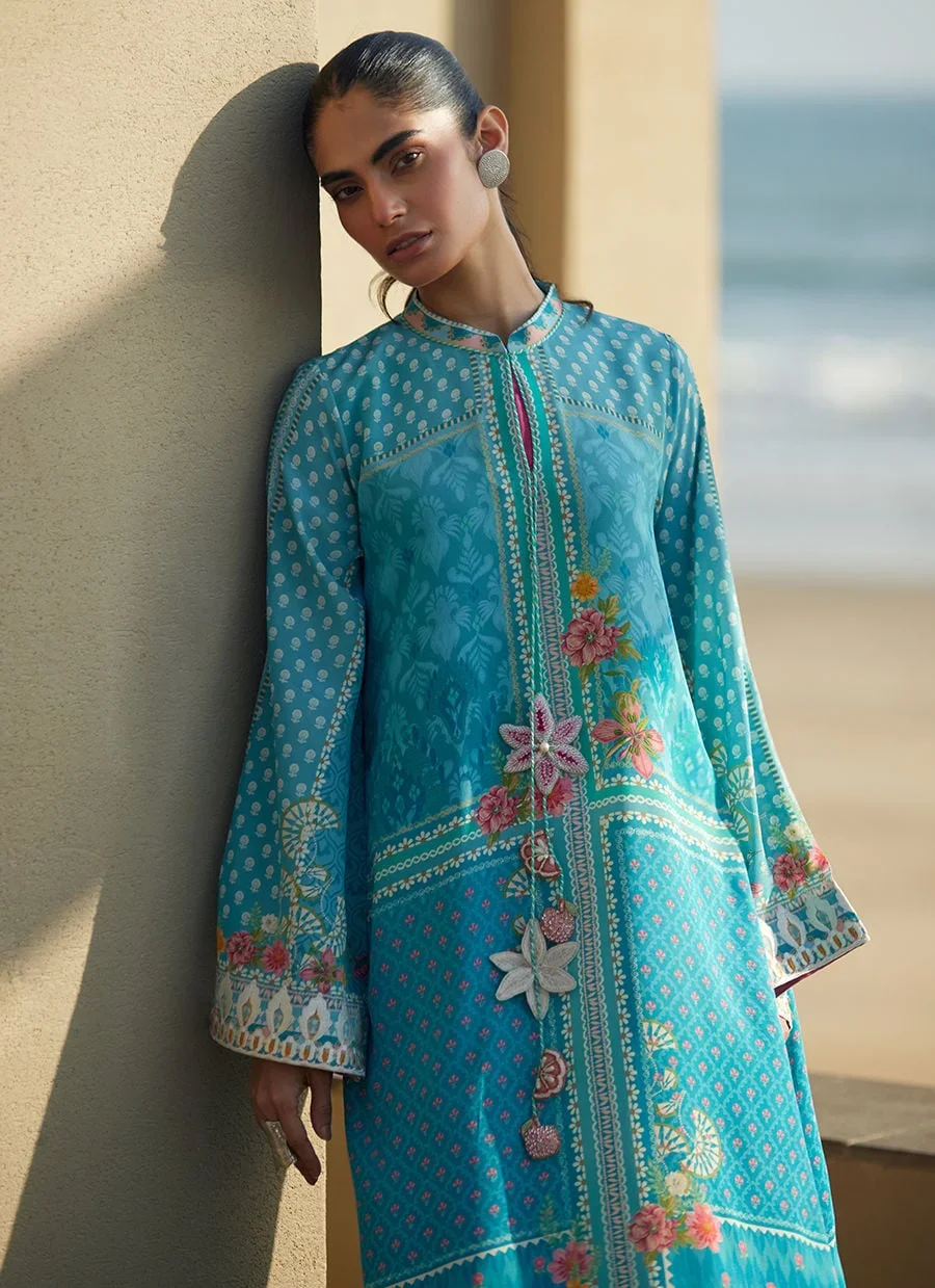 Amaris Sky-Blue Crepe Kaftan – Farah Talib Aziz Casual Wear Image 3