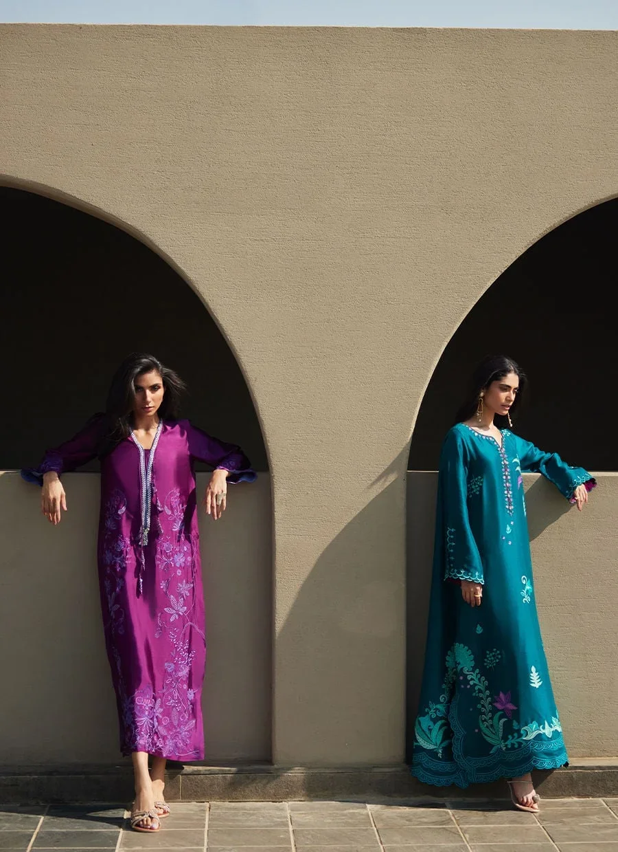 Azurea Teal Silk Kaftan – Farah Talib Aziz Luxury Pret Image 11