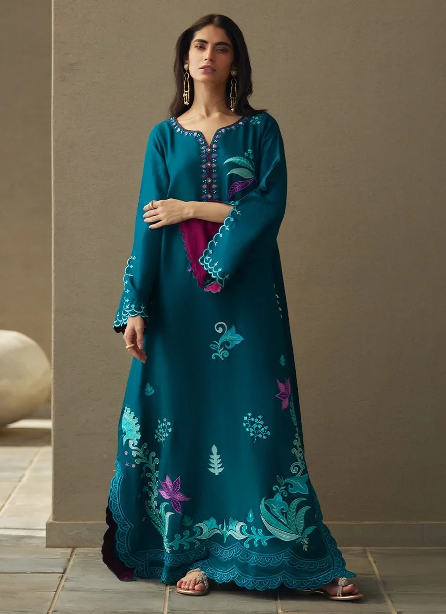 Azurea Teal Silk Kaftan – Farah Talib Aziz Luxury Pret Image 2