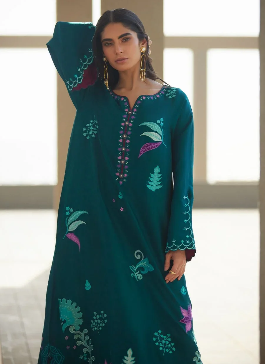 Azurea Teal Silk Kaftan – Farah Talib Aziz Luxury Pret Image 3
