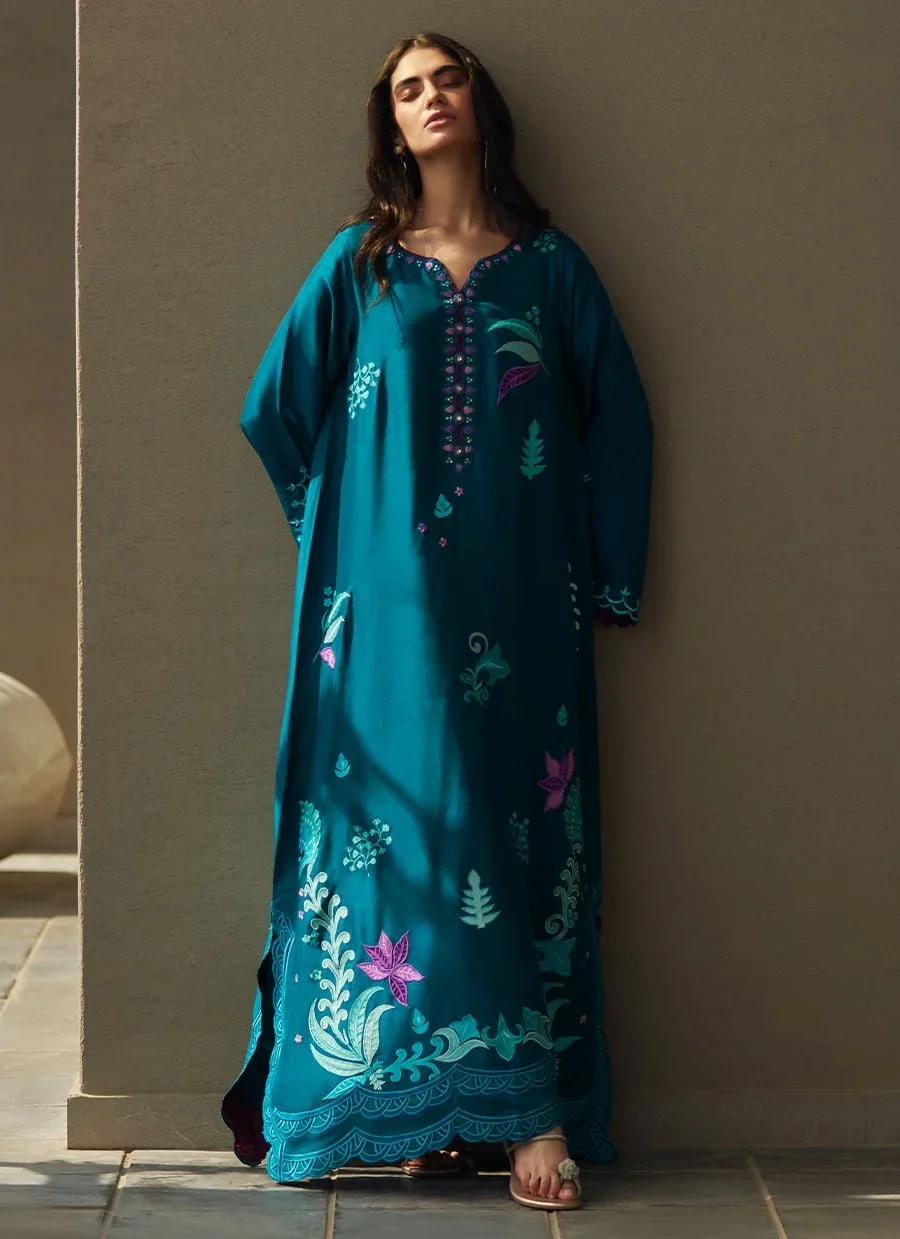 Azurea Teal Silk Kaftan – Farah Talib Aziz Luxury Pret Image 9