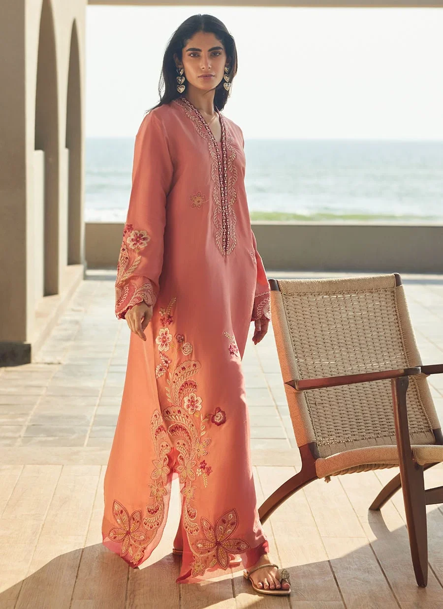 Nami Coral Silk Kaftan – Farah Talib Aziz Casual Wear Image 4