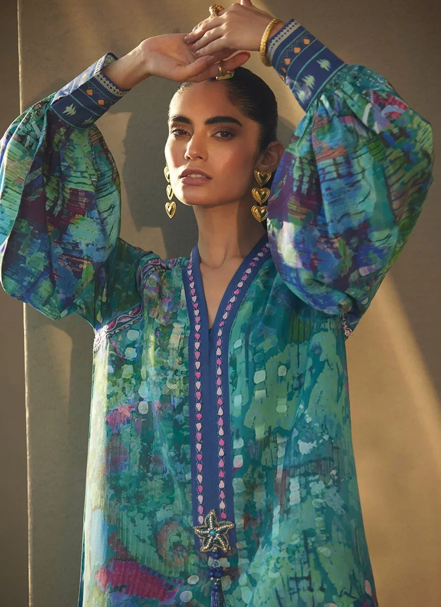 Tulum Blue Crepe Kaftan – Farah Talib Aziz Casual Wear Image 1